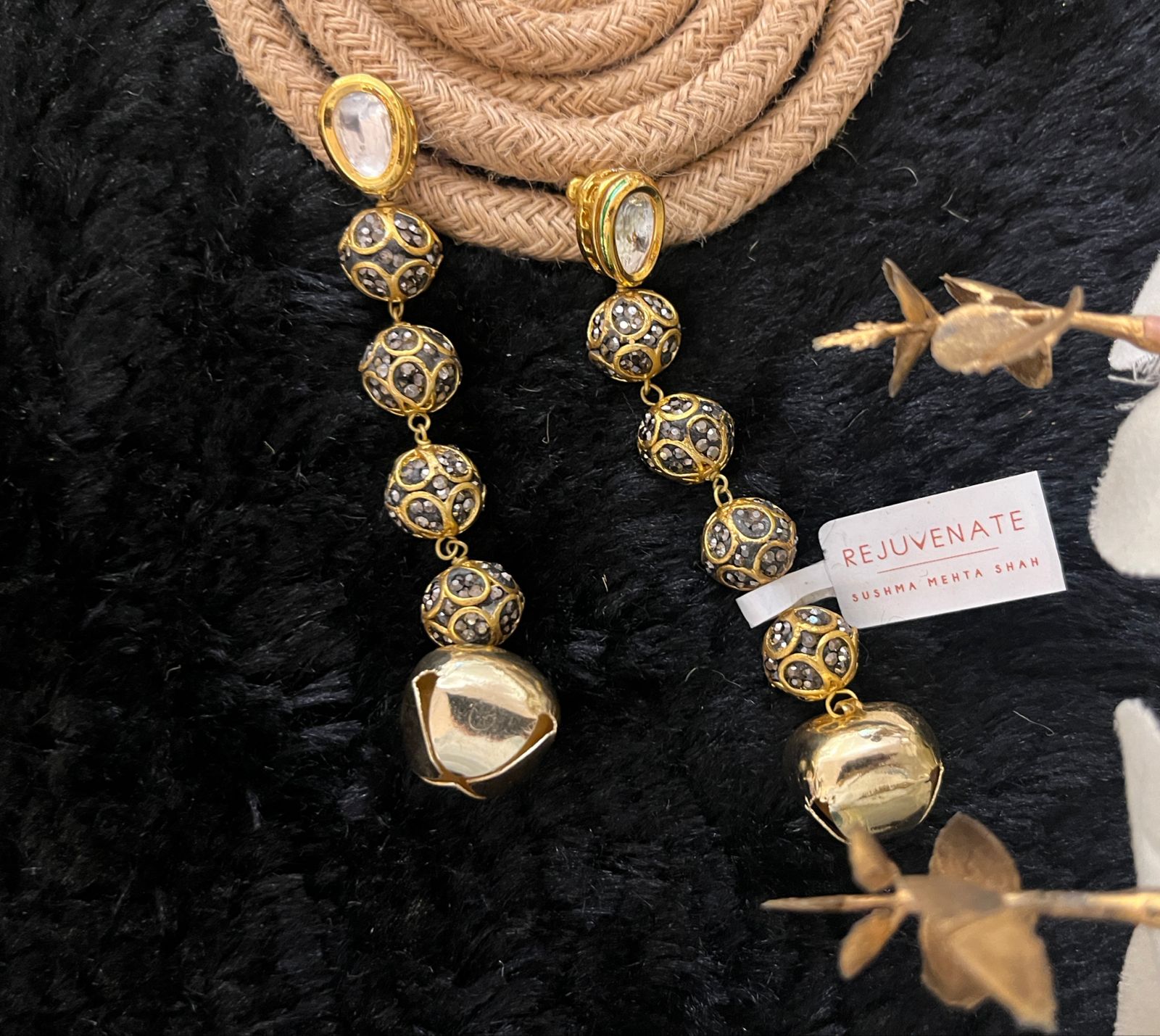 Cascading Black Diamond and Ghunghroo Earrings (RJE1349) - Image 3