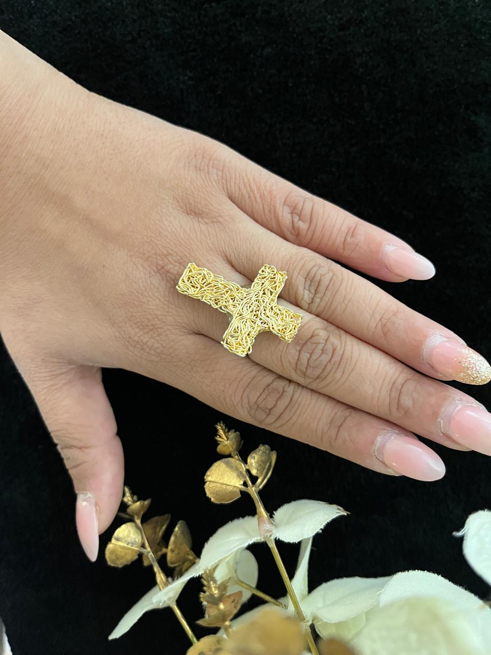 Celestial Cross Mesh Gold Ring (RJR557) - Image 3
